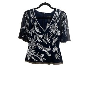 Adrianna Papell Beaded Top Floral Embellished Party Cocktail Blouse‎ Size 4 NEW